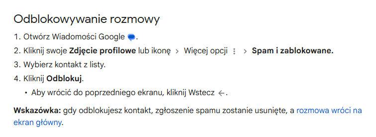 Opis jak odblokować nadawcę w wiadomościach google