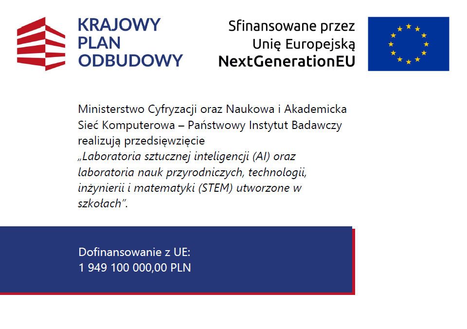 Tablica informacyjna dotycząca projektu unijnego. W lewym g&oacute;rnym rogu logo Krajowego Planu Odbudowy, w&nbsp;prawym flaga Unii Europejskiej z&nbsp;napisem &bdquo;Sfinansowane przez Unię Europejską NextGenerationEU&rdquo;. Tekst środkowy: &bdquo;Ministerstwo Cyfryzacji oraz&nbsp;Naukowa i&nbsp;Akademicka Sieć Komputerowa &ndash; Państwowy Instytut Badawczy realizują przedsięwzięcie &bdquo;Laboratoria sztucznej inteligencji (AI) oraz&nbsp;laboratoria nauk przyrodniczych, technologii, inżynierii i&nbsp;matematyki (STEM) utworzone w&nbsp;szkołach&rdquo;&rdquo;. Na dole, na&nbsp;granatowym tle, napis: &bdquo;Dofinansowanie z&nbsp;UE: 1 949 100 000,00 PLN&rdquo;.