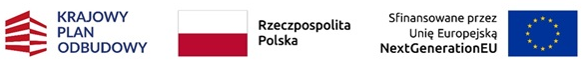 Logo KPO- Krajowego Planu Odbudowy, Biało-czerwona flaga z&nbsp;napisem Rzeczpospolita Polska, flaga Unii Europejskiej z&nbsp;napisem Sfinansowane przez Unię Europejską NextGenerationEU